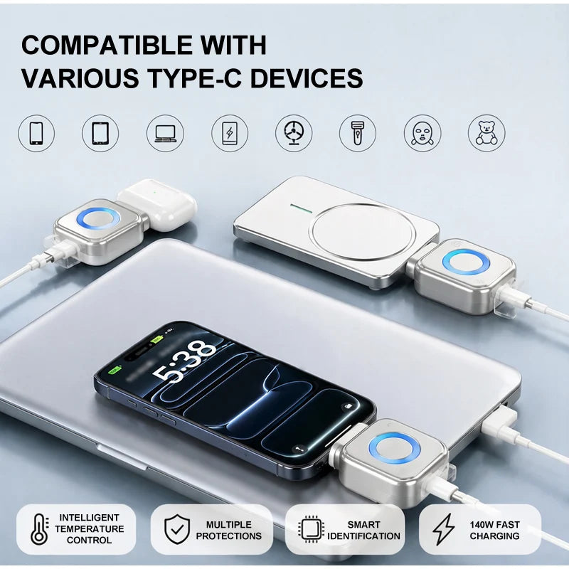 Smart Auto Stop Charging Adapter with Protective Memory Silicone Padding 140w Fast Charging Station Battery Protection Adapter