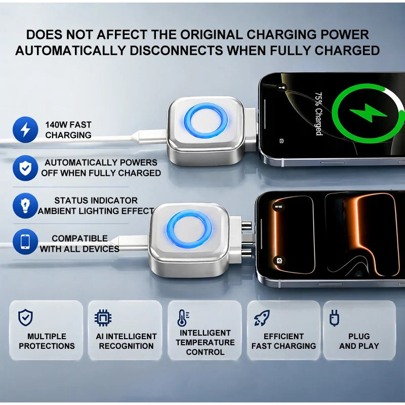 Smart Auto Stop Charging Adapter with Protective Memory Silicone Padding 140w Fast Charging Station Battery Protection Adapter